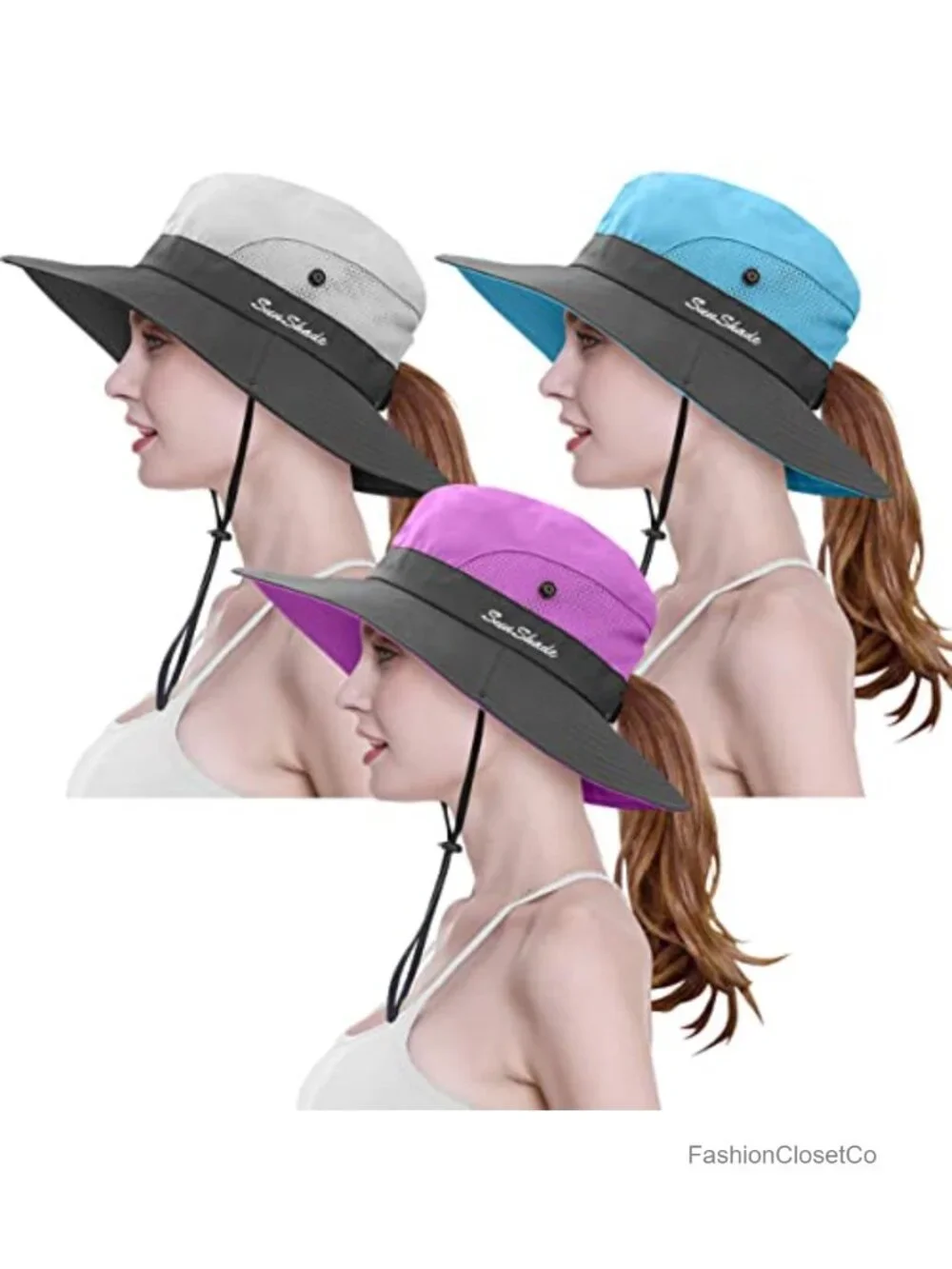3 Pack Wide Brim Sun Hat UPF 50+ Packable Fishing Hiking Ponytail